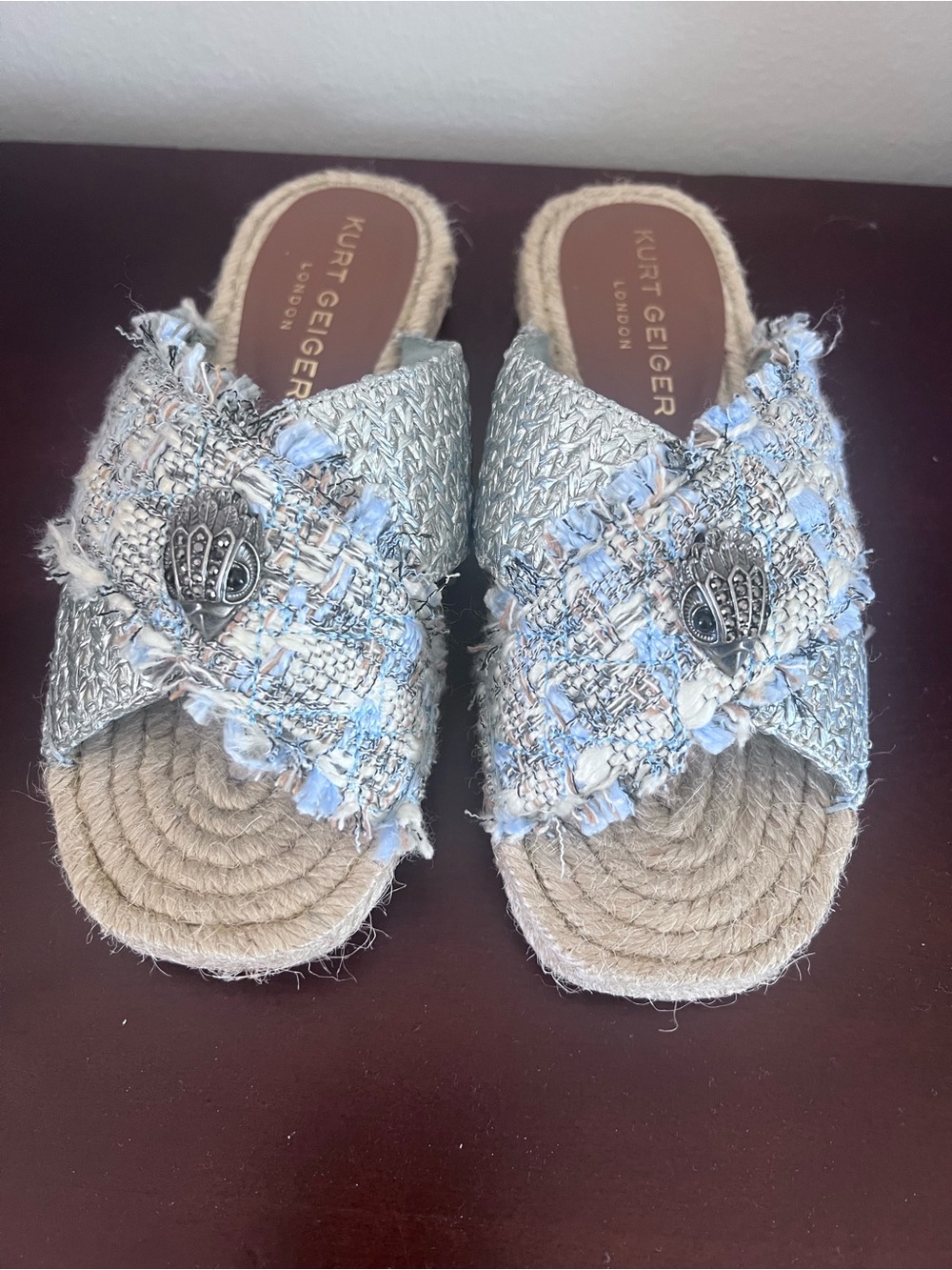 Kurt Geiger Tweed Crossband Slide Sandals in Light Blue and Natural size 36